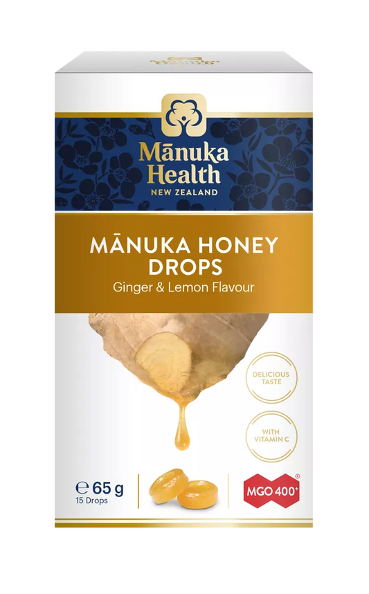 MANUKA HEALTH Cukierki z miodem manuka MGO® 400+ i witaminą C o smaku imbirowo-cytrynowym (65g)